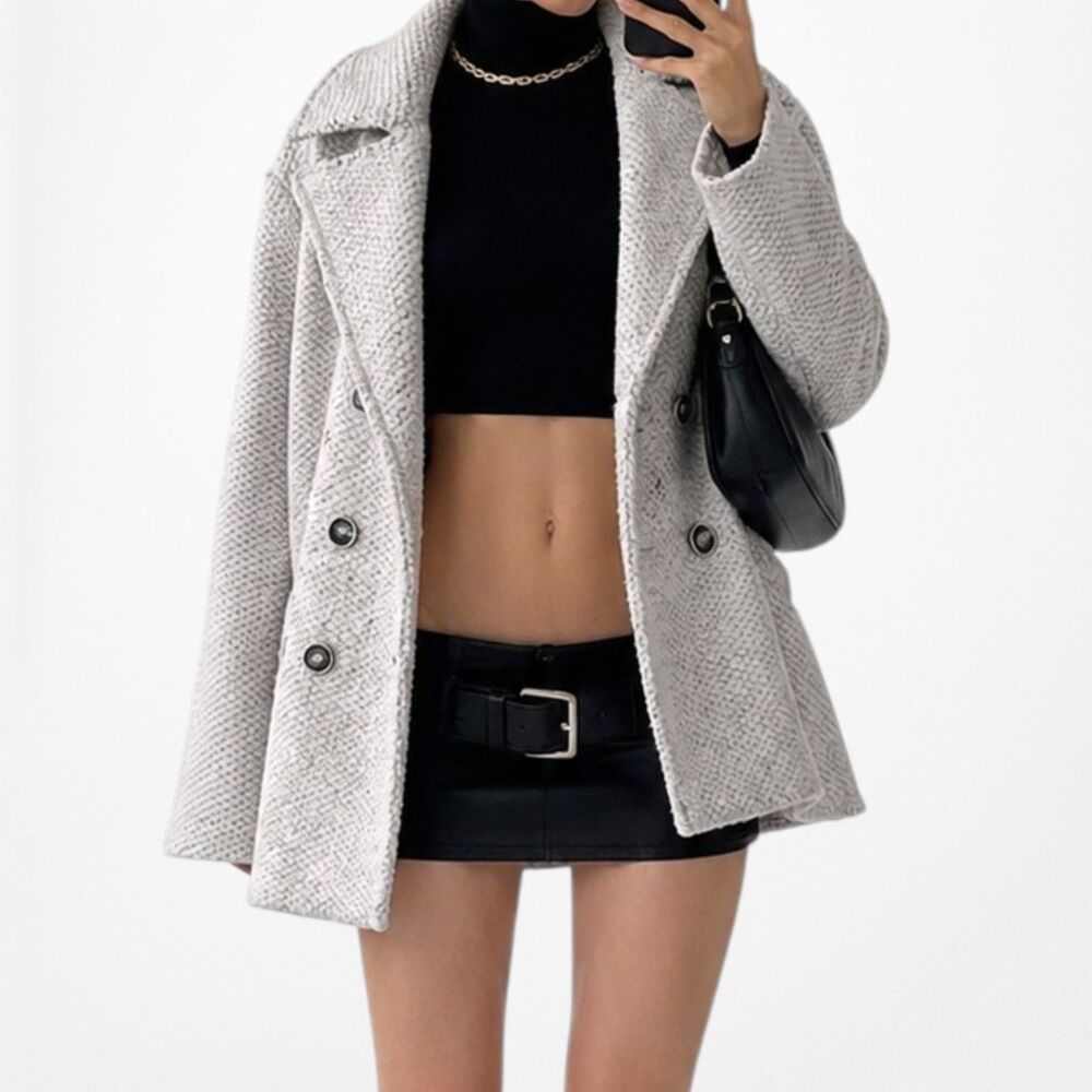 Vintage Mango Gray Double Breasted Wool Oversized Short Peacoat Jacket Size XS